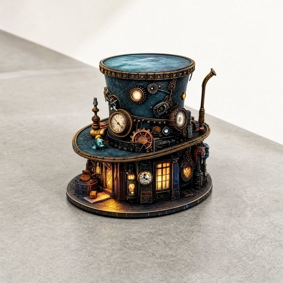 Steampunk Top Hat House Acrylic Tabletop Ornament with Vintage Gear Clock Design Decorative Desktop Figurine for Home Decor
