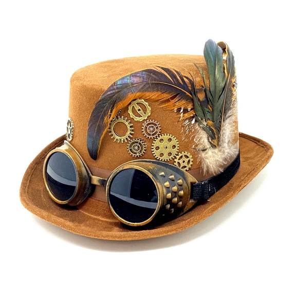 Steampunk Top Hat Mad Scientist Time Traveler Feather Halloween Costume Cosplay Party with Goggles