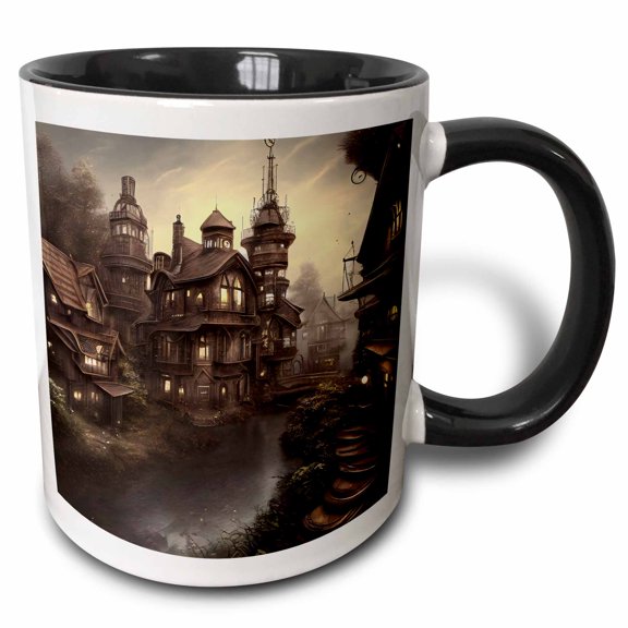3drose, Steampunk Town Scene, 11oz Two-tone Black Mug