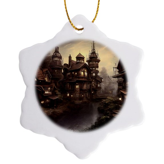 3drose, Steampunk Town Scene, 3 inch Snowflake Porcelain Ornament