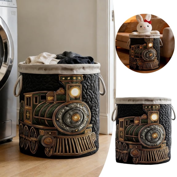 Steampunk Train Quilted Laundry Hamper - Polyester Fabric Storage Basket - Versatile Organizer for Clothes, Blankets, and Toys
