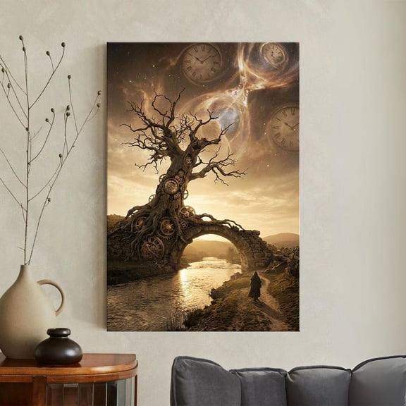 Steampunk Tree Of Time Golden Hourglass Fantasy Landscape Art Unframed Paper Print