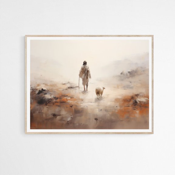 Steampunk Turtle at the Beach Unique Fantasy Scifi Fine Art Decor Jesus Leaves The 99 Parable of The Lost Sheep Modern Jesus Bible Wall Art Boho Decor, UNFRAMED Size 16x16