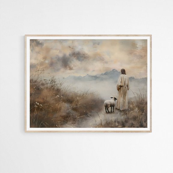 Steampunk Turtle at the Beach Unique Fantasy Scifi Wall Art Decor Jesus Leaves The 99 Parable of The Lost Sheep Modern Jesus Bible Art Good Shepherd, UNFRAMED Size 24x24