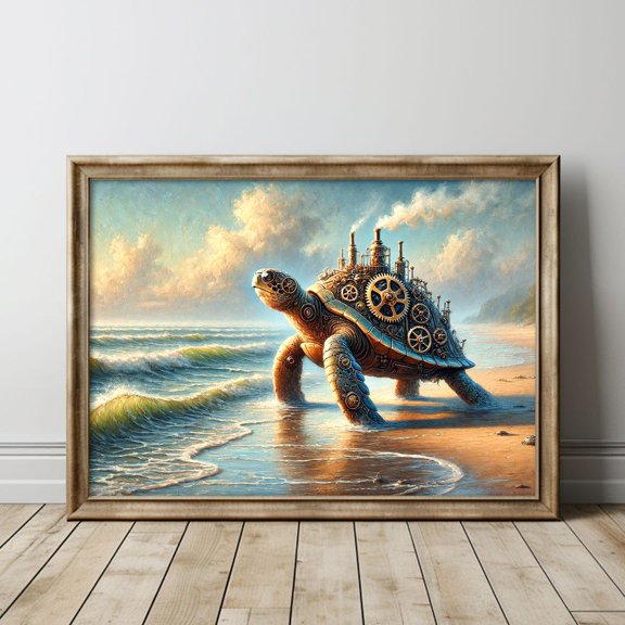 Steampunk Turtle at the Beach Unique Fantasy Scifi Fine Art Decor, UNFRAMED Size 30x30