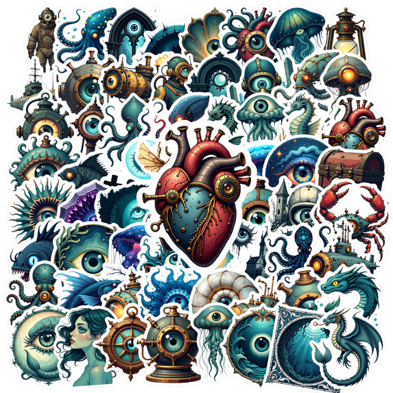 Steampunk Underwater Fantasy Stickers, Waterproof Steampunk Sticker for Water Bottle Laptop Phone Cases Planner Skateboard Luggage Helmet Party Favor Decor, Ideal for Adults Teens Teacher Rewards