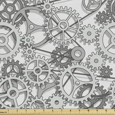 Ambesonne Steampunk Fabric by the Yard Upholstery, Grey Tone Gear Design, 5 Yards, Grey and White