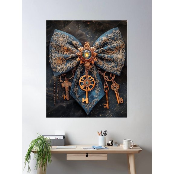 Steampunk Victorian Keymaster Bow €“ Intricate Lace, Gears & Antique Brass Keys Poster Wall Art, Modern Wall Decor For Living Room Bedroom, 24x36 UNFRAMED