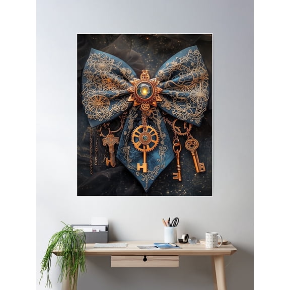 Steampunk Victorian Keymaster Bow €“ Intricate Lace, Gears & Antique Brass Keys Poster Wall Art, Modern Wall Decor For Living Room Bedroom, 8x12 UNFRAMED