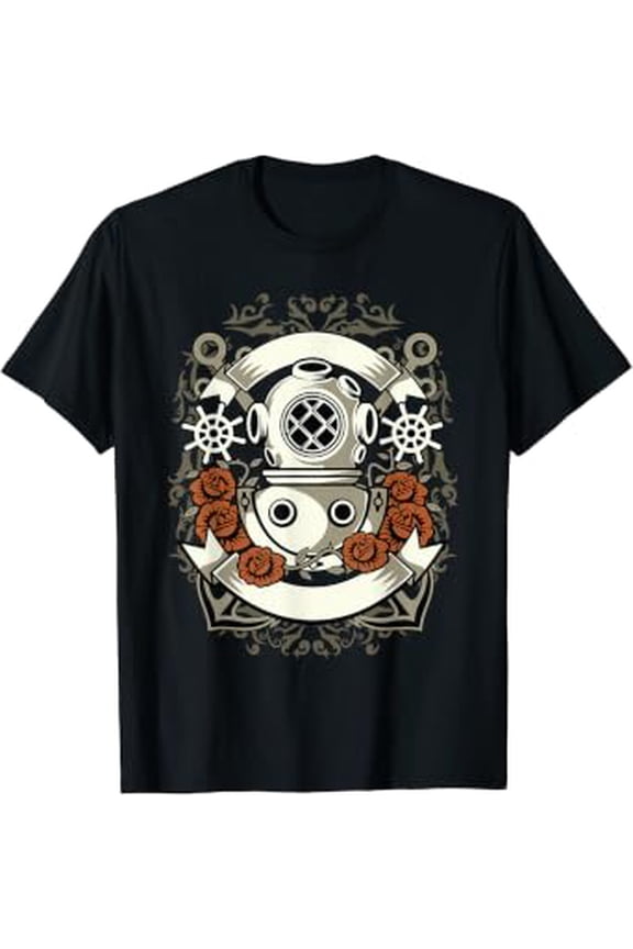 Steampunk Vintage Deep Sea Diver Helmet Red Roses Anchors T-Shirt