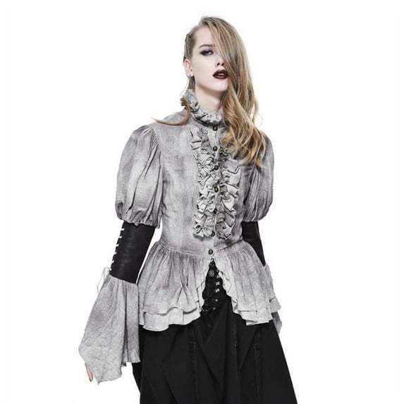 Steampunk Vintage High Neck Ruffle Shirt with Black Arm Cuffs, Gray - Small