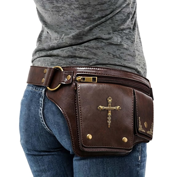 Steampunk Waist Bag Fanny Pack Cross Gothic Leather Shoulder Crossbody Messenger Bags Thigh Leg Hip Holster Purse Travel Pouch Brown For Men Women
