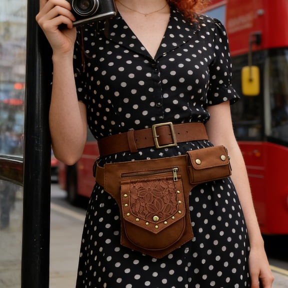 Steampunk Waist Bag for Women, Vintage Crossbody Fanny Pack with Studs – Adjustable Hands-Free Belt Bag for Festival, Motorcycle, Gothic Punk Fashion and Travel