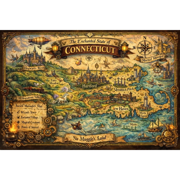 Steampunk Whimsical Fantasy map of Connecticut Poster - Enchanted State Adventure | Ideal Gift 【Poster Paper】