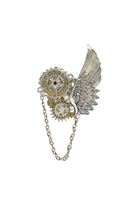 Steampunk Wing Brooch Pin for Women with Tassels Chain Vintage Gear Brooch Clip Hat Shirt Pin Decorative Corsage Clip