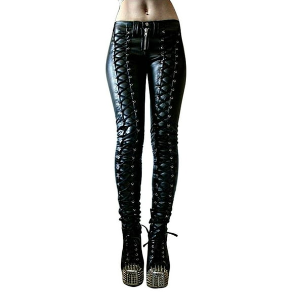 Steampunk Women Faux Leather Cosplay Pants Carnival Party Skinny Button Trousers