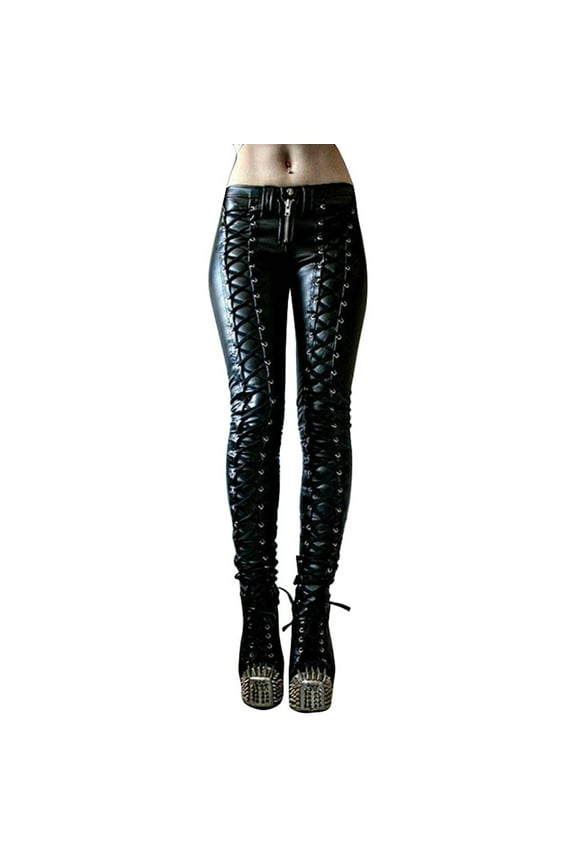 Steampunk Women Faux Leather Cosplay Pants Carnival Party Skinny Button Trousers