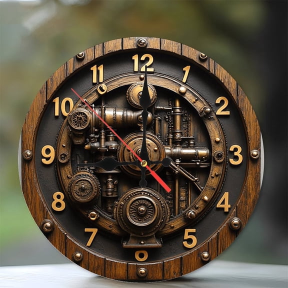 Steampunk Wooden Clock Engine Wall Decor 10-Inch Silent Wooden Wall Clock, Battery Operated (AA Batteries Not Included), Artistic Home Decor