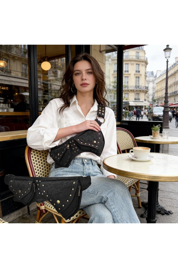Steampunk women’s waist bag crossbody belt bag P-U leather hip pack with studs rivets, vintage gothic punk biker fanny pack for motorcycle travel festival