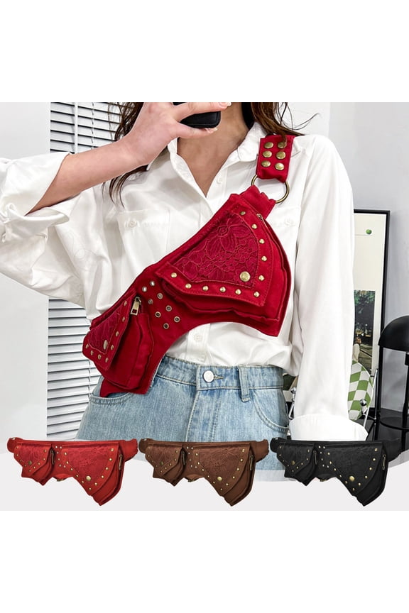 Steampunk women’s waist bag crossbody belt bag P-U leather hip pack with studs rivets, vintage gothic punk biker fanny pack for motorcycle travel festival