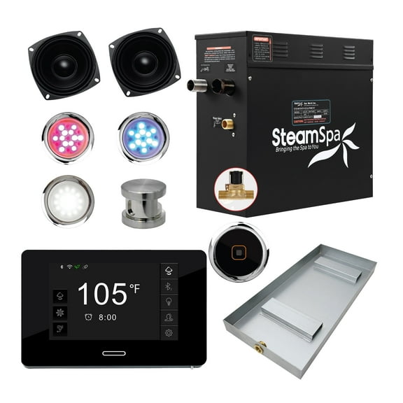 Black Series 9kW Steam Bath Generator with Wireless Bluetooth / Wifi Operation and Auto Drain in Brushed Nickel