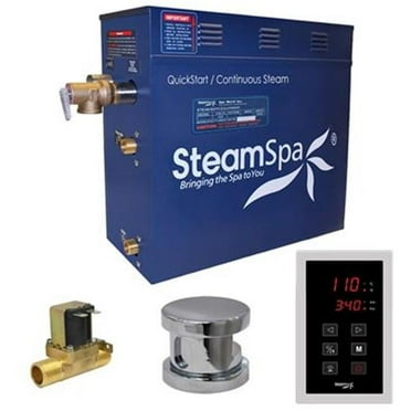 SteamSpa OAT750CH-A 7.5 kW Oasis QuickStart Acu-Steam Bath Generator Pack with Built-in Auto Drain, Polished Chrome