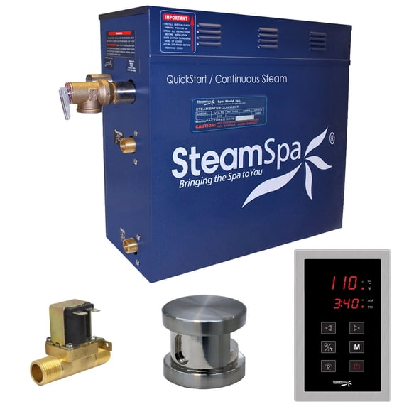 SteamSpa OAT750BN-A 7.5 kW Oasis QuickStart Acu-Steam Bath Generator Pack with Built-in Auto Drain, Brushed Nickel