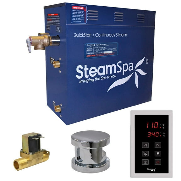 SteamSpa OAT900CH-A 9 kW Oasis QuickStart Acu-Steam Bath Generator Pack with Built-in Auto Drain, Polished Chrome