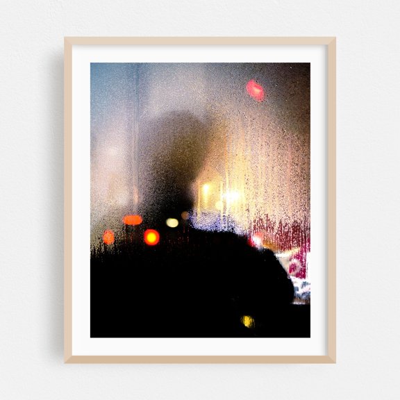 Steamy Silhouette at Night - Manhattan New York Photography Abstract Silhouette Nightlife Moody Cityscape Foggy Modern Art Oak Framed Wall Art Print 18 x 24 inches