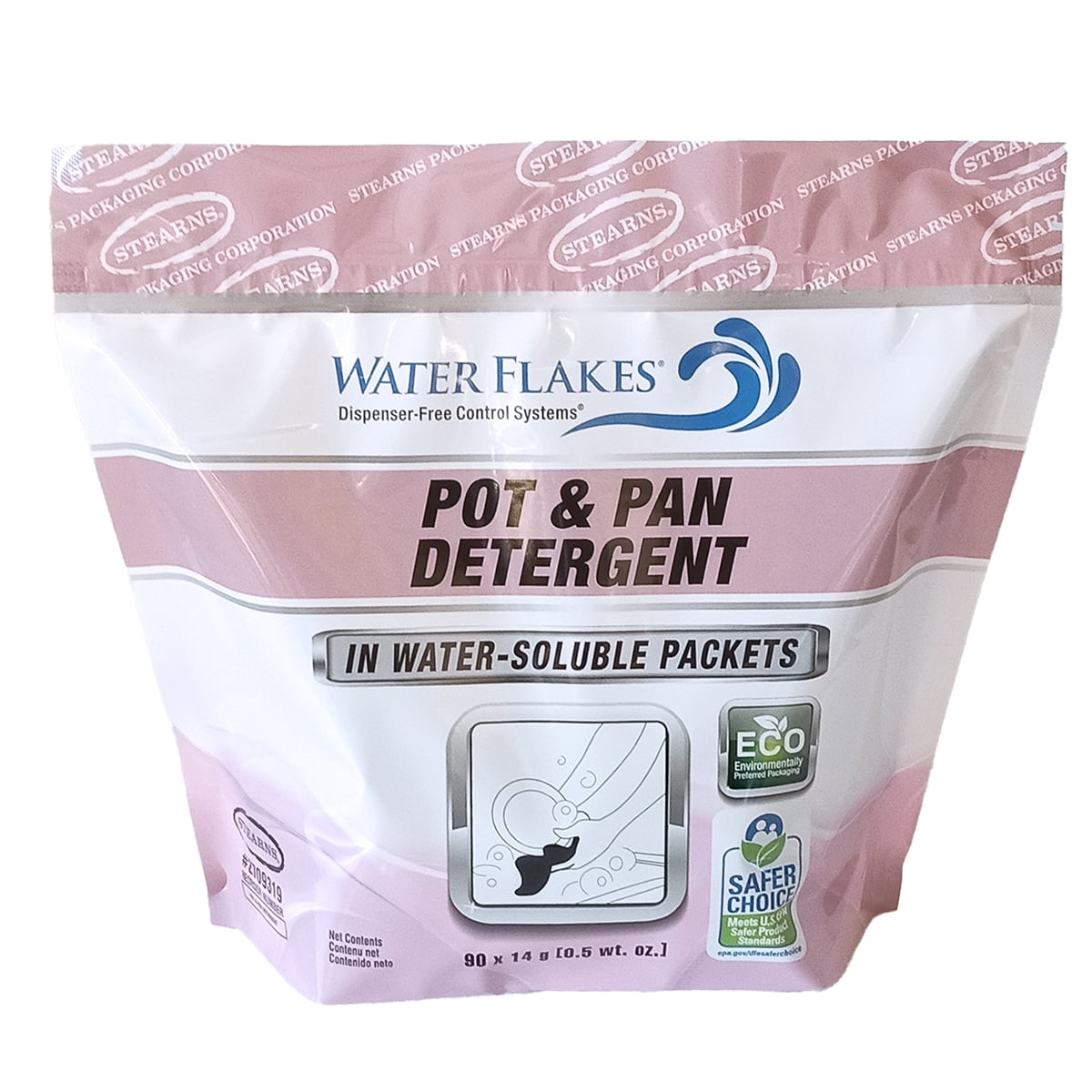 Stearns Water Flakes Pot 'N' Pan Detergent in Premeasured Packets (1 resealable bag per case - 90 x 0.5 oz. packets)
