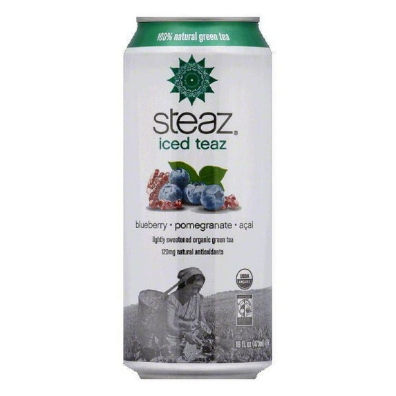 Steaz Gluten Free Green Blueberry Pomegranate Iced Tea Can, 16 FO (Pack of 12)