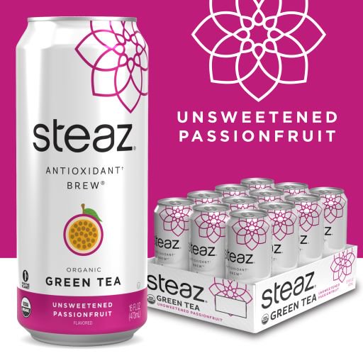 Steaz Green Tea Soda Antioxidant Brew Unsweetened Passionfruit 16 fl