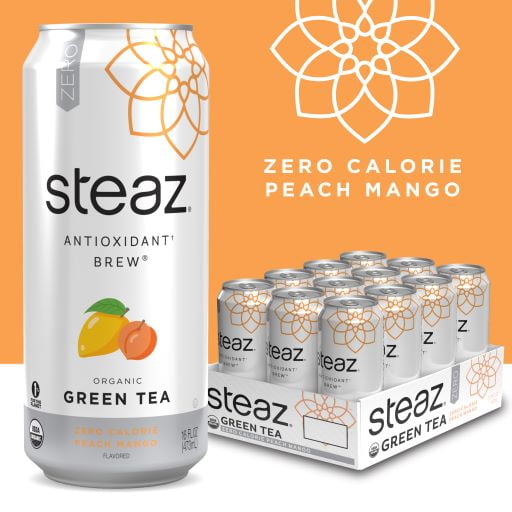 Steaz Green Tea Soda Zero Calorie Iced Green Tea Peach Mango 12 Cans