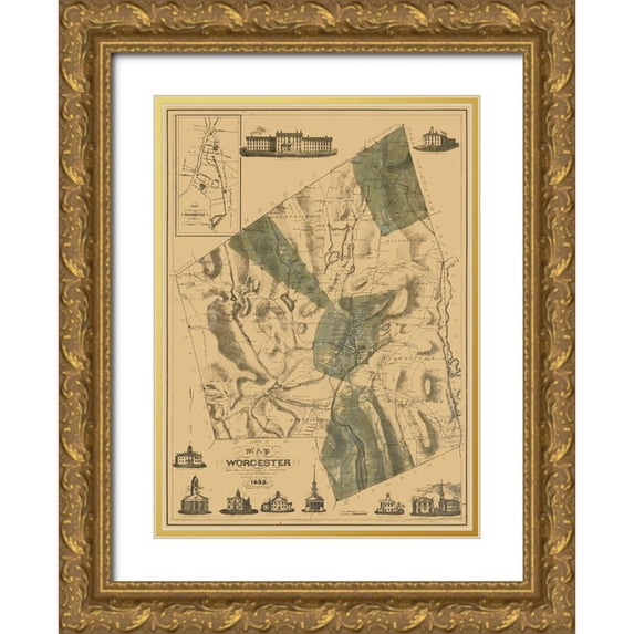 Stebbins 24x32 Gold Ornate Wood Framed with Double Matting Museum Art Print Titled - Worcester County Massachusetts - Stebbins 1833