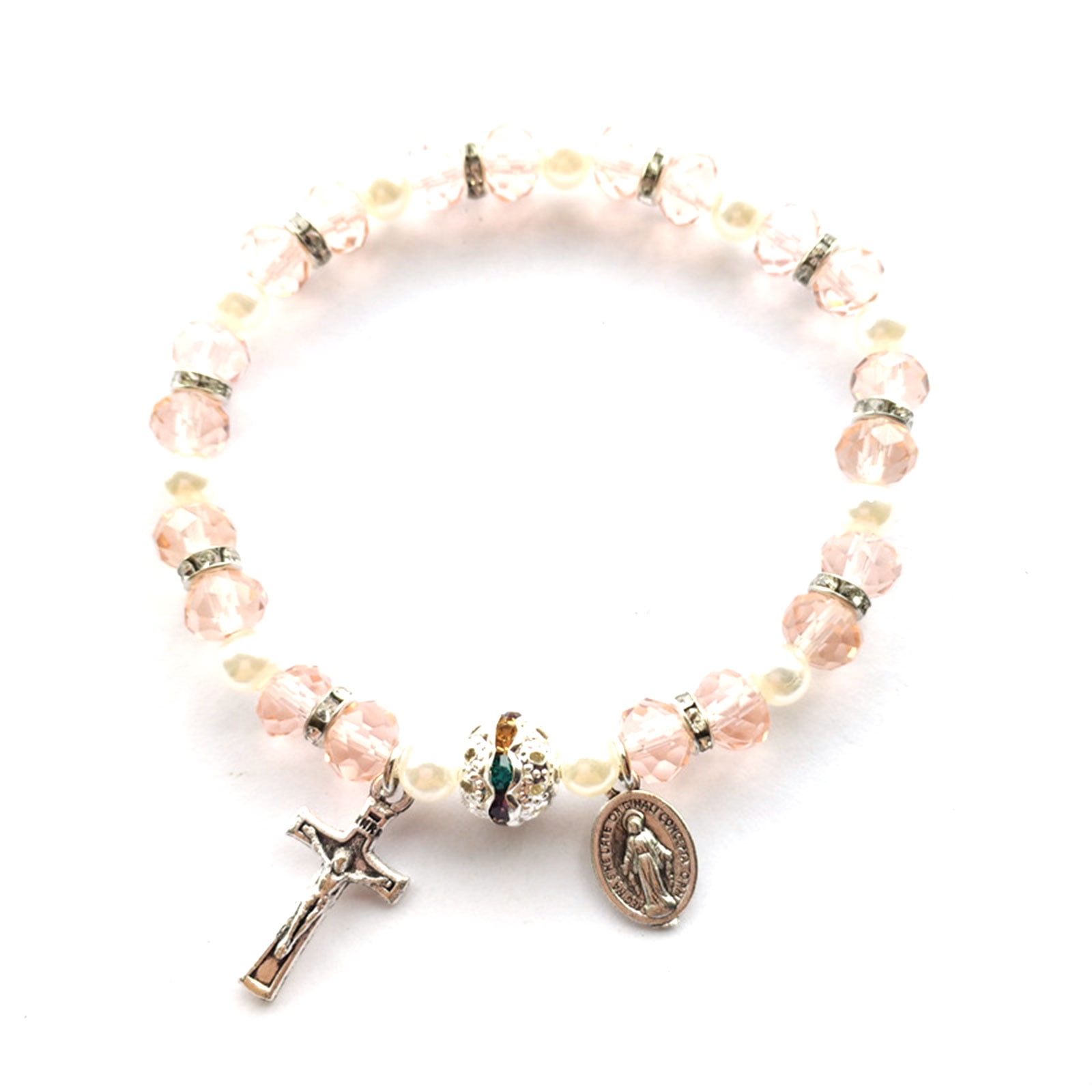 Religious Cross Bracelet With Miraculous Medal - Pink Crystal & Ceramic Bead Stretch Bracelet, 7-8 Inch