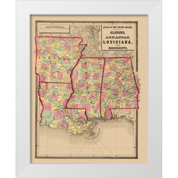 Stedman 15x18 White Modern Wood Framed Museum Art Print Titled - Alabama, Arkansas, Louisiana, Mississippi 1873