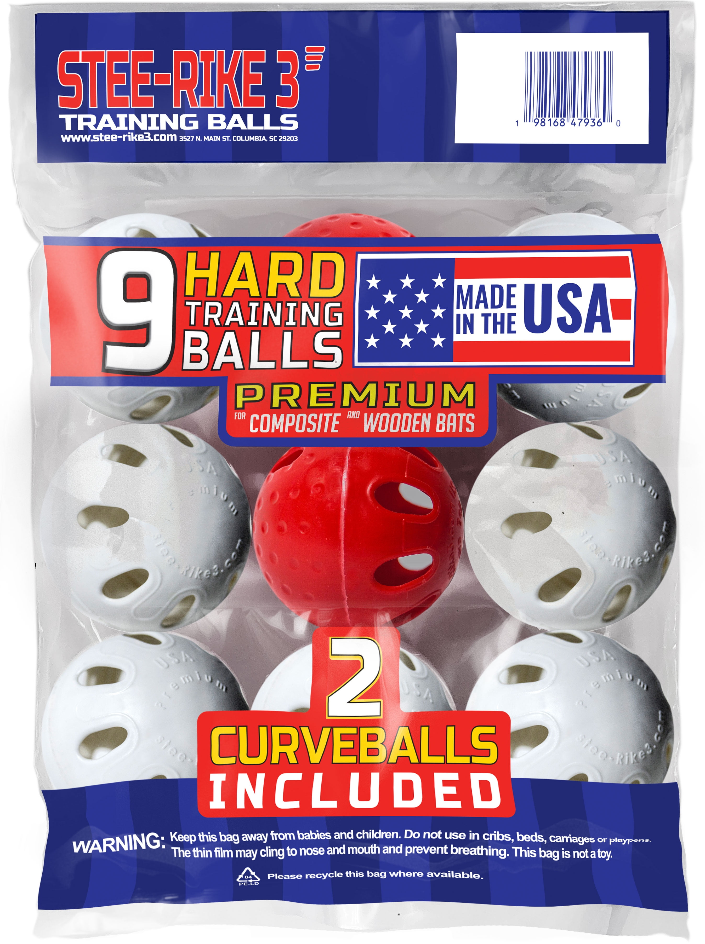 Stee-Rike 3 Premium Plastic Hard Training Baseballs, White & Red