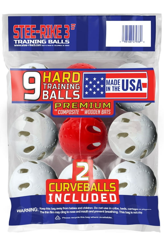 Premium Plastic Hard Training Baseballs, White & Red, 9 Pack