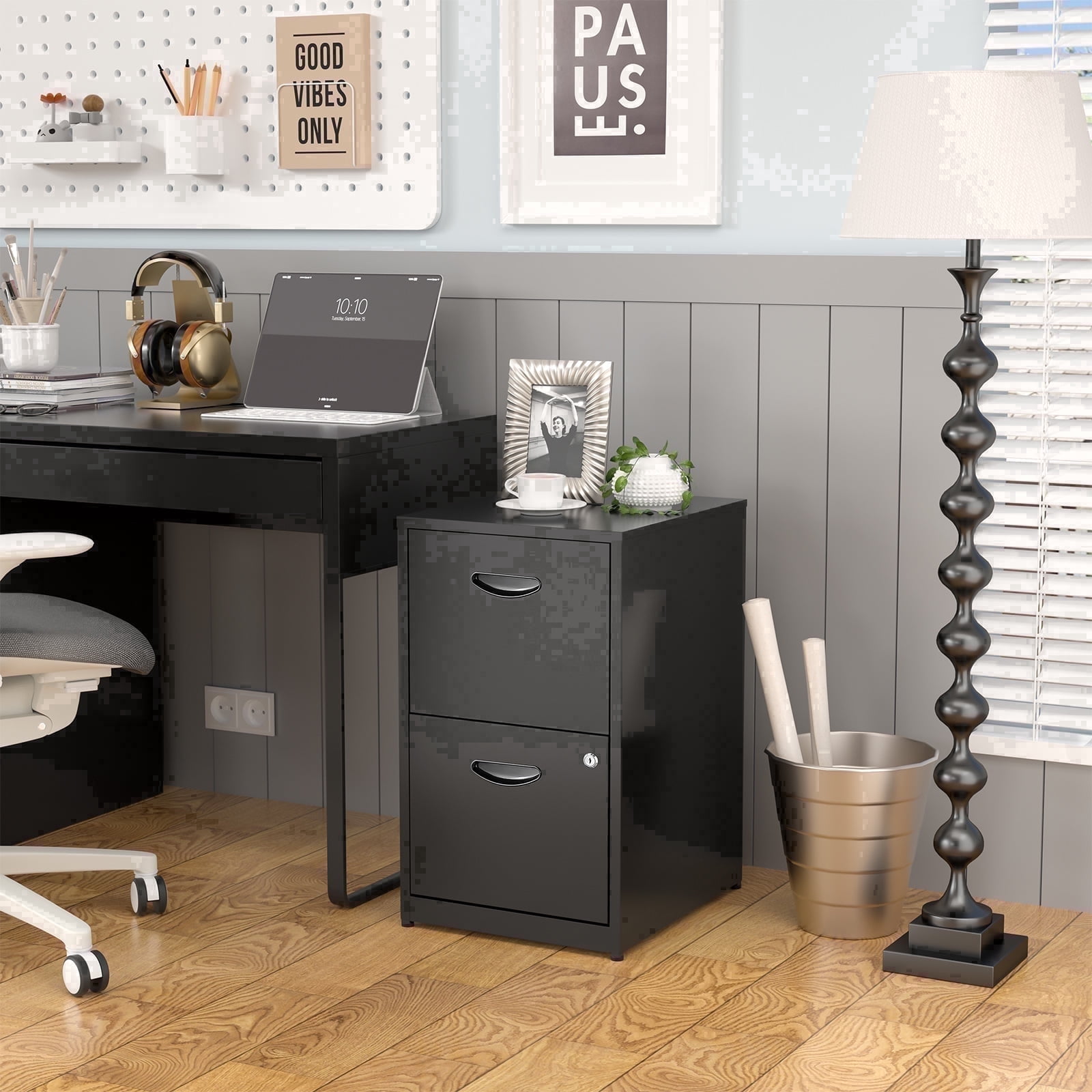 SteeLoong Metal 2 drawers File Cabinet Vertical, Modern Black Office Filing Cabinets with Lock