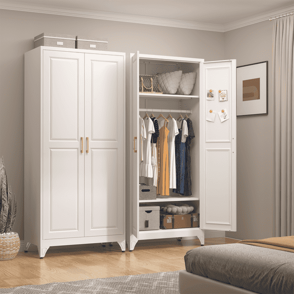 SteeLoong 71"H Modern Metal Armoire Wardrobe Closet with 2 Doors,Adults Homes Wardrobe Cabinet with Adjustable Shelves and Hanging Rod,White