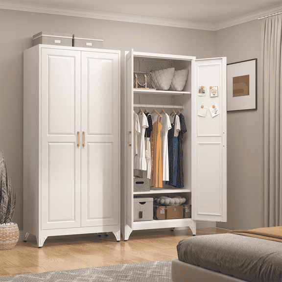 SteeLoong 71"H Modern Metal Armoire Wardrobe Closet with 2 Doors,Adults Homes Wardrobe Cabinet with Adjustable Shelves and Hanging Rod,White