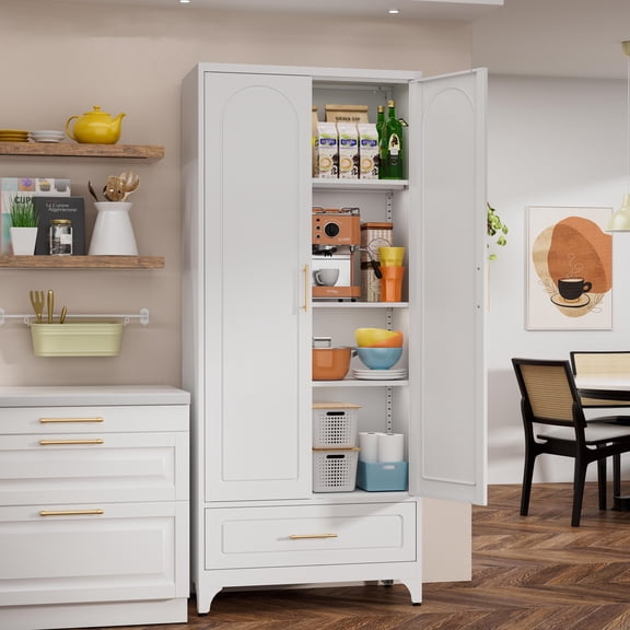 SteeLoong 75" H White Metal Kitchen Pantry Storage Cabinets,Modern Large Steel Cupboard with Drawers, Doors and Shelves