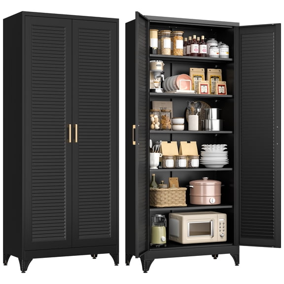 SteeLoong 75" Metal Pantry Cupboard,Modern White Storage Cabinet with 2 Doors and Adjustable Shelves for Kitchen Garage and Home