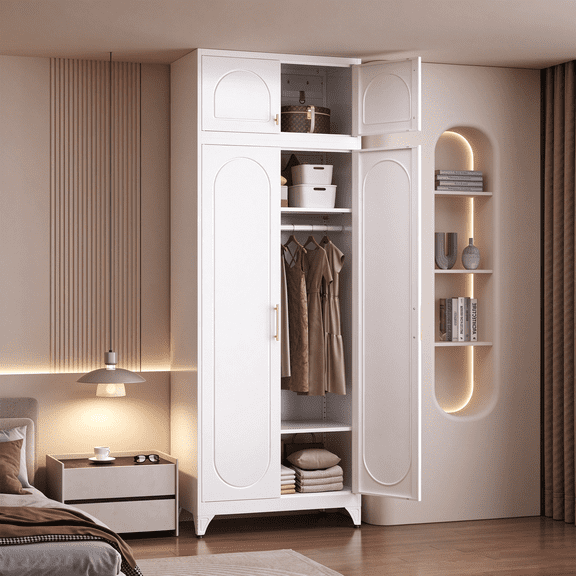 SteeLoong 86" H Metal Armoire Wardrobe Closet, Modern Tall Clothing Storage Cabinet with Adjustable Shelves and Hanging Rod,White