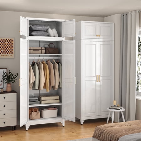 SteeLoong 86" Metal Modern Armoire Wardrobe Closet with Doors,White Adult Wardrobe Storage, Bedroom Armoires with Adjustable Shelves and Hanging Rod