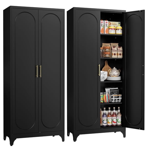 SteeLoong Kitchen Pantry Cabinet,75"H Black Metal Storage Cabinet with 2 Door and 4 Adjustable Shelves,cupboard for Livingroom,Pantry, Bathroom
