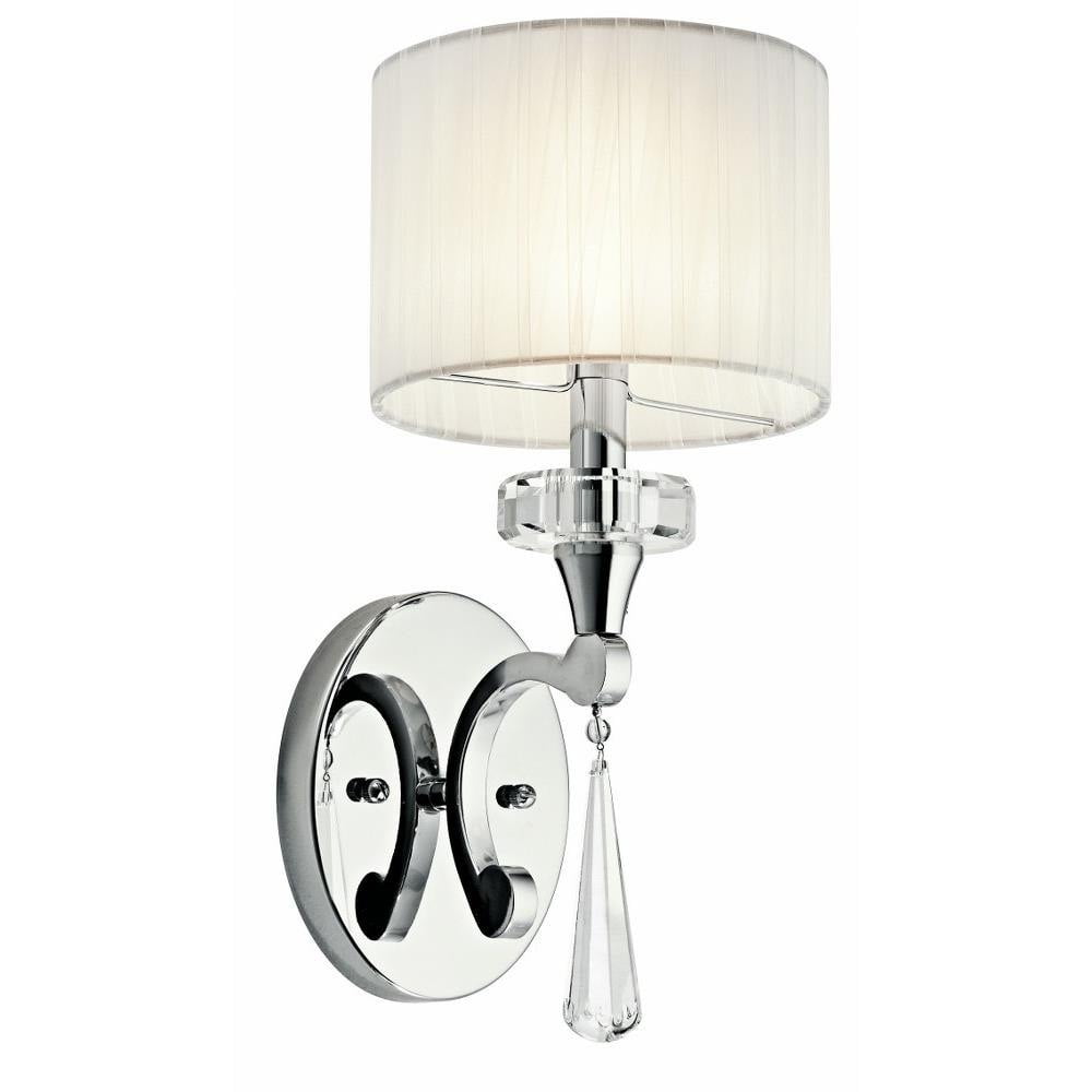 Chrome and White Fabric Shade Wall Sconce with Crystal Accents