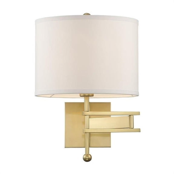 Steel 1 Light Drum Wall Sconce in Contemporary Style with White Silk Shade-18 inches H X 12.5 inches W-Aged Brass Finish Bailey Street Home