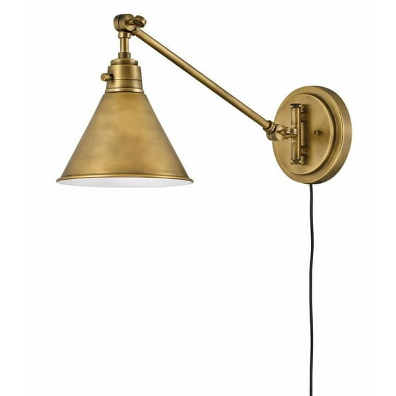 Steel 1 Light Swing Arm Wall Lamp in Modern Farmhouse Style with Metal Shade-10.25 inches H X 7.75 inches W-Heritage Brass Finish-Brass Shade Color