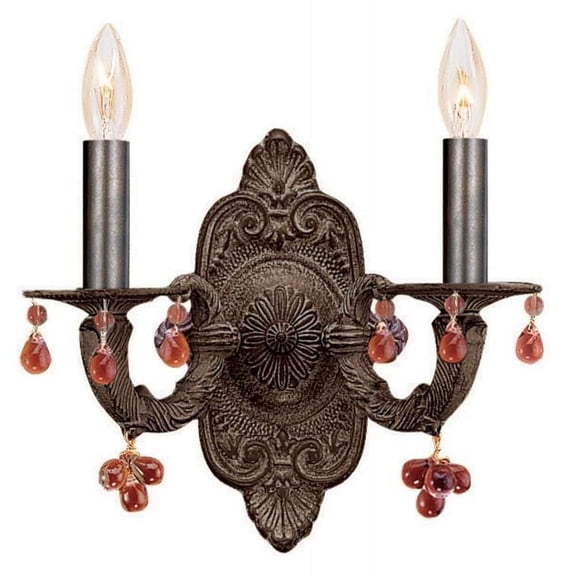 Steel 2 Light Candle Wall Sconce in Traditional Style-12 inches H X 11 inches W-Venetian Bronze Finish-Amber Crystal Color Bailey Street Home